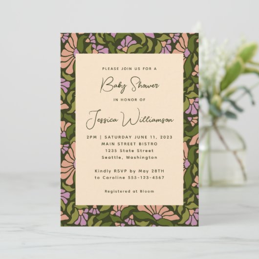Retro Boho Green Botanical Groovy Baby shower Kaart (Staand voorkant)