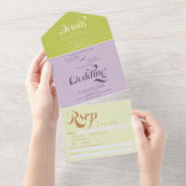Retro boho groen paarse script chique bruiloft all in one uitnodiging (Afscheurbaar)