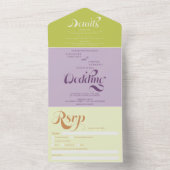 Retro boho groen paarse script chique bruiloft all in one uitnodiging (Binnen)