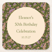 Retro Boho Groen Schattige Bloemen Aangepast 50ste Kartonnen Onderzetters (Voorkant)