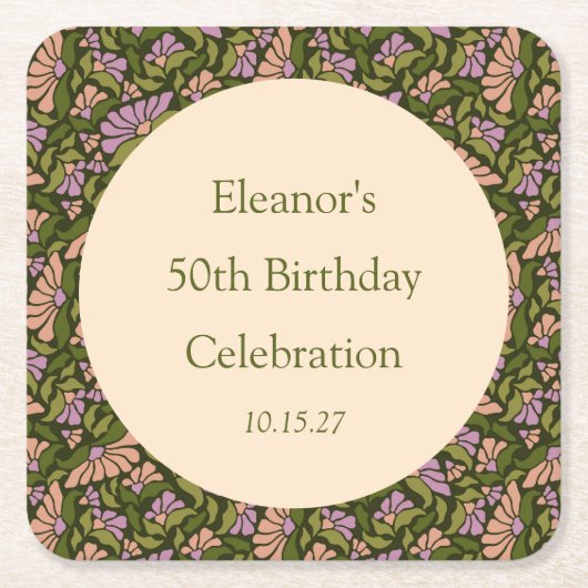 Retro Boho Groen Schattige Bloemen Aangepast 50ste Kartonnen Onderzetters (Voorkant)