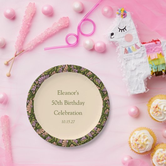 Retro Boho Groen Schattige Bloemen Aangepast 50ste Papieren Bordje (Feest)