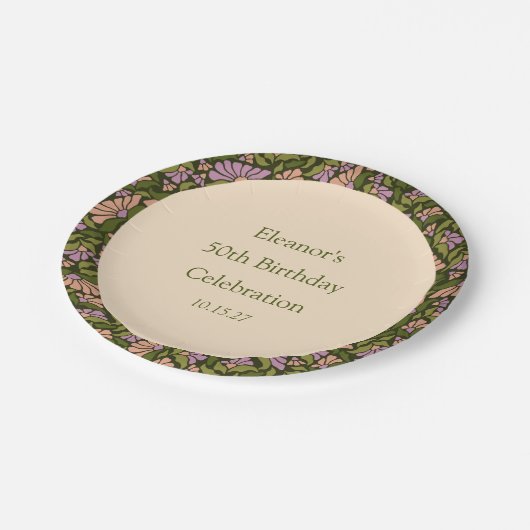 Retro Boho Groen Schattige Bloemen Aangepast 50ste Papieren Bordje (Gekanteld)
