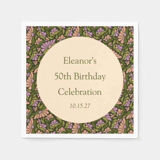 Retro Boho Groen Schattige Bloemen Aangepast 50ste Servet (Voorkant)
