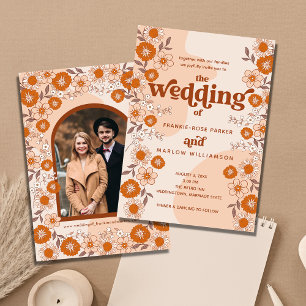 Retro Boho Groovy Arched Photo Wedding Kaart