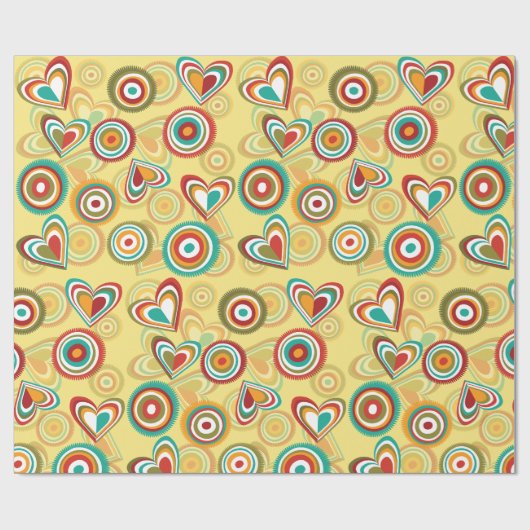 Retro Boho Harten en Cirkels 70s Groovy Patroon Cadeaupapier (Vlak)