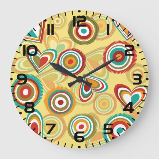 Retro Boho Harten en Cirkels 70s Groovy Patroon Grote Klok (Voorkant)