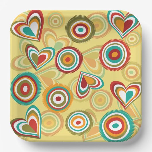 Retro Boho Harten en Cirkels 70s Groovy Patroon Papieren Bordje (Voorkant)