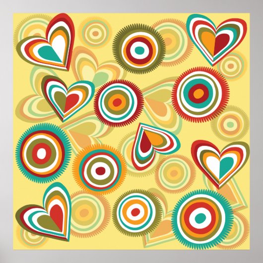 Retro Boho Harten en Cirkels 70s Groovy Patroon Poster (Voorkant)