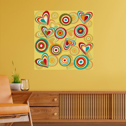 Retro Boho Harten en Cirkels 70s Groovy Patroon Poster