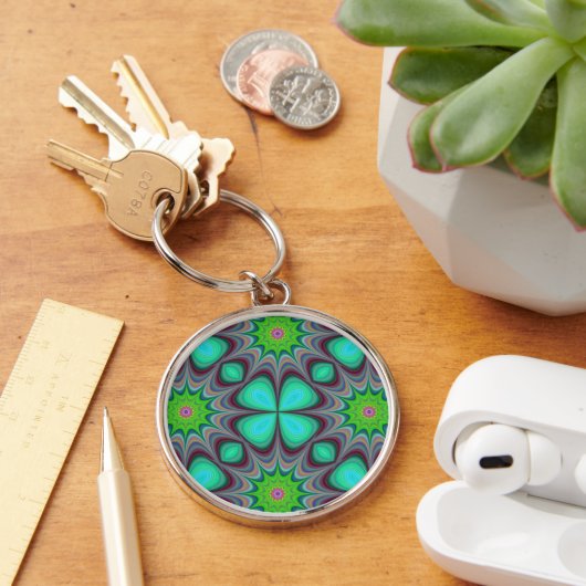 Retro Boho Hippie Groene Klaver Psychedelic Mandal Sleutelhanger (Bureau)