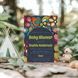Retro Boho Kleurrijk 70s Bloemen Baby Shower Feest Kaart