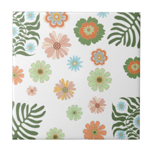 Retro Boho Kleurrijke Bloemen Botanische Stijlvol Tegeltje