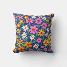 Retro Boho Lente Kleurrijke Bloemen op Marineblauw