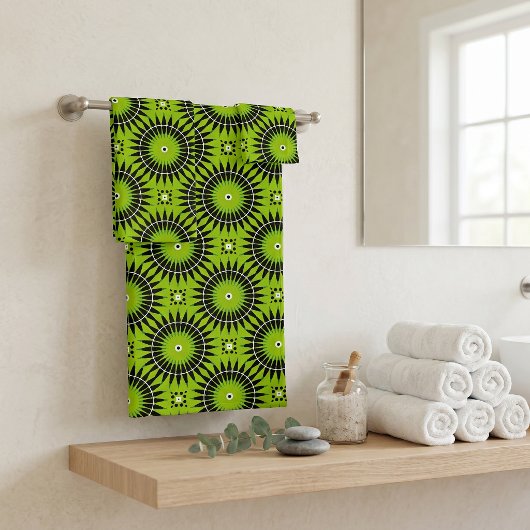 Retro Boho Lim Groen Zwarte Geometrische Mandala Bad Handdoek