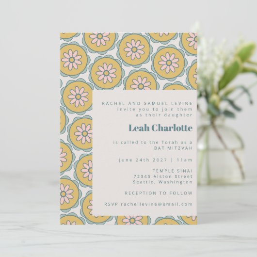 Retro Boho Mandala Bloemrijke Pastel Bat Mitzvah Kaart (Staand voorkant)