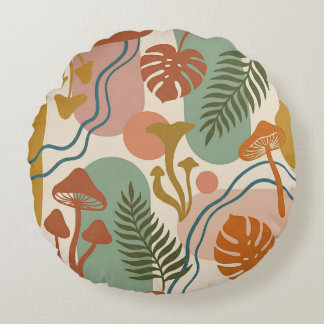 Retro Boho Mushroom & Botanical Earth Tones Rond Kussen