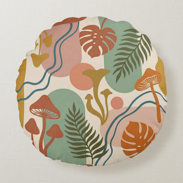 Retro Boho Mushroom & Botanical Earth Tones Rond Kussen (Voorkant)
