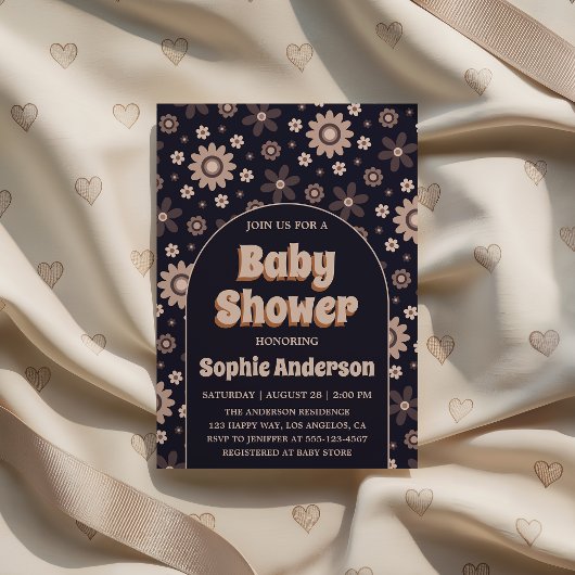 Retro Boho Navy Floral Arch Baby Shower Kaart