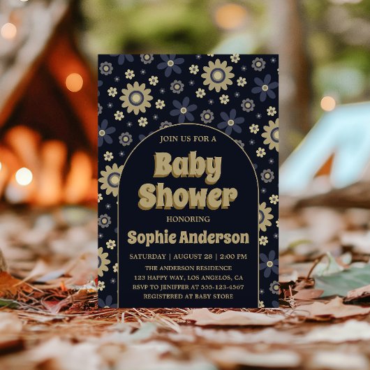 Retro Boho Navy Floral Arch Baby Shower Kaart