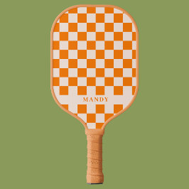 Retro Boho Orange Checkerboard Custom Name Pickleball Paddle