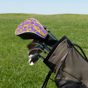 Retro Boho Paars & Geel Madeliefje Dambordpatroon Golfheadcover