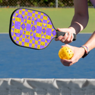 Retro Boho Paars & Geel Madeliefje Dambordpatroon Pickleball Paddle