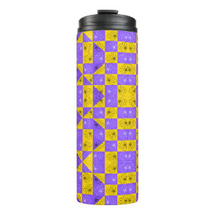 Retro Boho Paars & Geel Madeliefje Schaakbord Thermosbeker