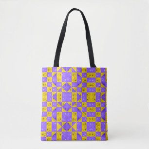 Retro Boho Paars & Geel Madeliefje Schaakbord Tote Bag