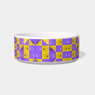 Retro Boho Paars & Geel Madeliefje Schachbrettpatr Voerbakje