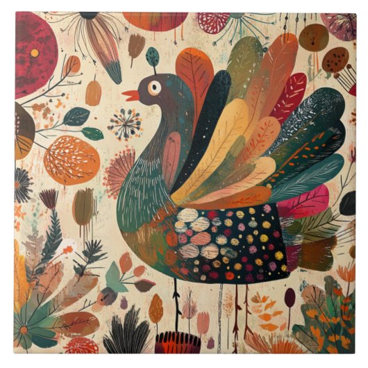 Retro Boho Patchwork Herfst Kalkoen Tegeltje (Voorkant)