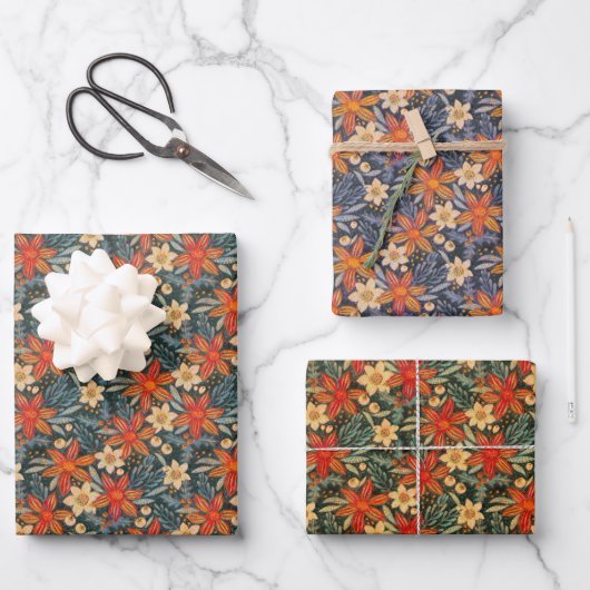 Retro boho patroon van poinsettia voor Kerstmis  Inpakpapier Vel (Voorkant)