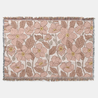 Retro Boho Pink Botanical Illustrated Floral Deken