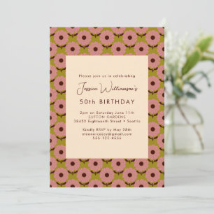 Retro Boho Pink Green Flower Groovy 50th Birthday Kaart