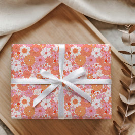 Retro Boho Pink Oranje Floral Cute Baby shower Cadeaupapier