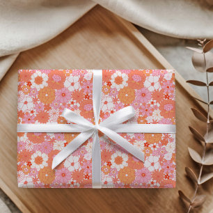 Retro Boho Pink Oranje Floral Cute Baby shower Cadeaupapier
