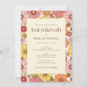 Retro  Boho Pink Yellow Floral Bat Mitzvah Kaart (Voorkant)