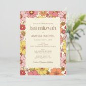 Retro  Boho Pink Yellow Floral Bat Mitzvah Kaart (Staand voorkant)