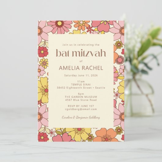 Retro  Boho Pink Yellow Floral Bat Mitzvah Kaart (Staand voorkant)