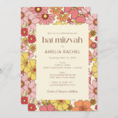 Retro  Boho Pink Yellow Floral Bat Mitzvah Kaart (Voorkant / Achterkant)