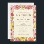 Retro  Boho Pink Yellow Floral Bat Mitzvah Kaart<br><div class="desc">Retro  Boho Pink Yellow Floral Groovy Bat Mitzvah Uitnodiging</div>