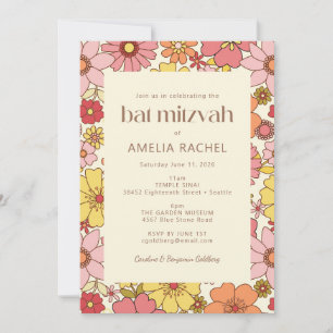 Retro  Boho Pink Yellow Floral Bat Mitzvah Kaart