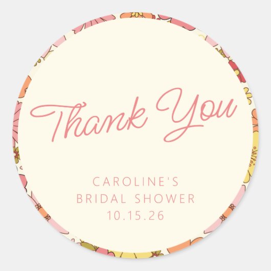 Retro Boho Pink Yellow Floral Custom Vrijgezellenf Ronde Sticker (Voorkant)