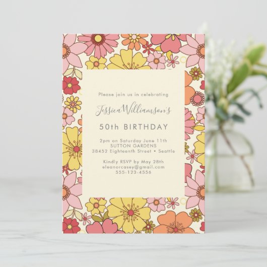 Retro Boho Pink Yellow Floral Groovy 50th Birthday Kaart (Staand voorkant)