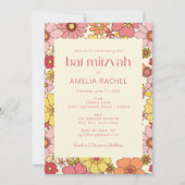 Retro Boho Pink Yellow Floral Groovy Bat Mitzvah Kaart (Voorkant)