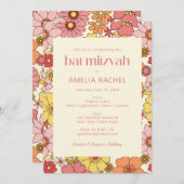 Retro Boho Pink Yellow Floral Groovy Bat Mitzvah Kaart (Voorkant / Achterkant)