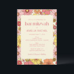 Retro Boho Pink Yellow Floral Groovy Bat Mitzvah Kaart<br><div class="desc">Retro Boho Pink Yellow Floral Groovy Bat Mitzvah Uitnodiging</div>