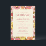 Retro Boho Pink Yellow Floral Groovy Bat Mitzvah Kaart<br><div class="desc">Retro Boho Pink Yellow Floral Groovy Bat Mitzvah Uitnodiging</div>