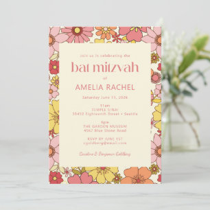 Retro Boho Pink Yellow Floral Groovy Bat Mitzvah Kaart
