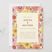 Retro Boho Pink Yellow Floral Groovy Wedding Kaart (Voorkant)